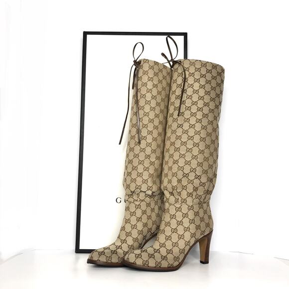 Gucci Beige Patterned Heeled Boots - Picture 1 of 10